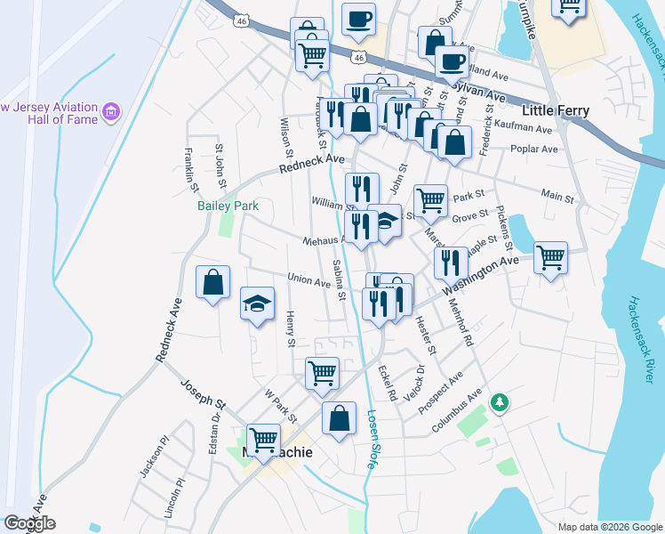 map of restaurants, bars, coffee shops, grocery stores, and more near 25 Niehaus Avenue in Little Ferry