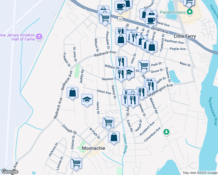 map of restaurants, bars, coffee shops, grocery stores, and more near 25 Niehaus Avenue in Little Ferry