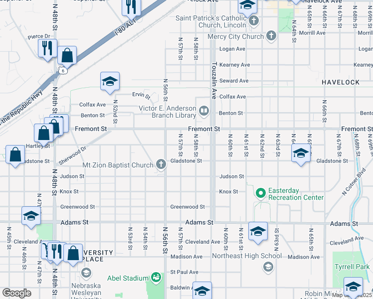 map of restaurants, bars, coffee shops, grocery stores, and more near 5728 Hartley Street in Lincoln