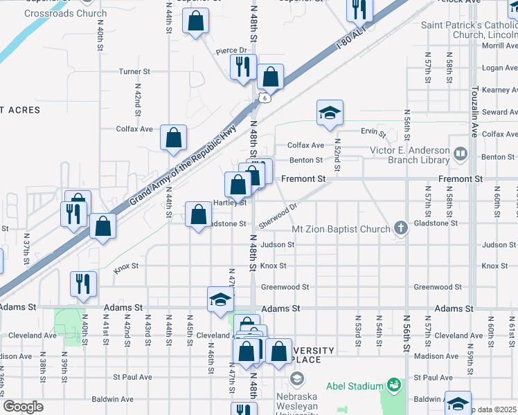 map of restaurants, bars, coffee shops, grocery stores, and more near 3505 John Dietrich Bike Trail in Lincoln