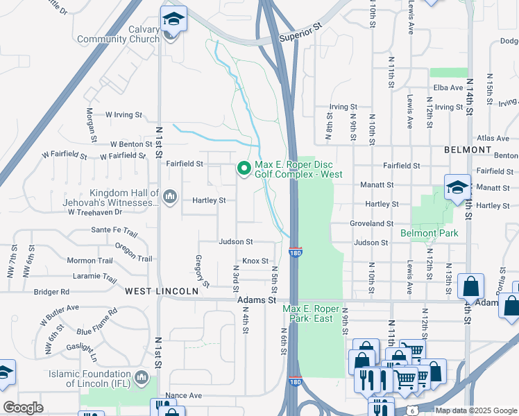 map of restaurants, bars, coffee shops, grocery stores, and more near 3620 North 4th Street Court in Lincoln