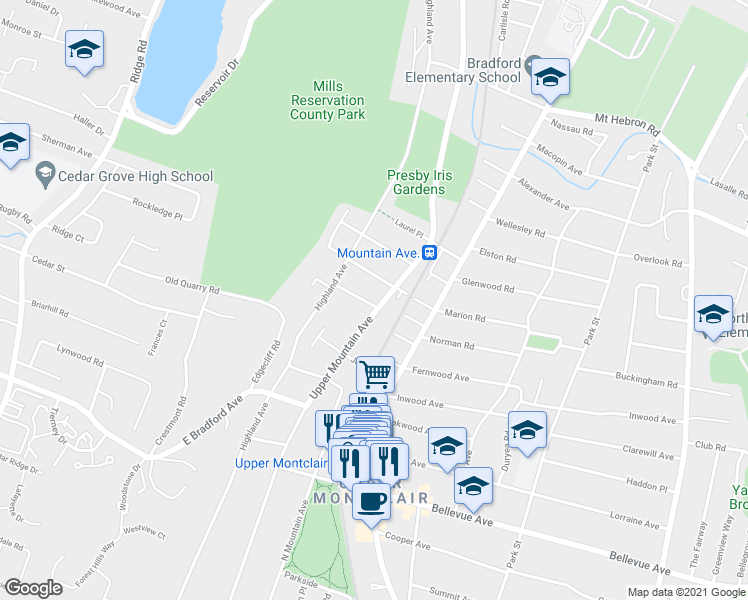 map of restaurants, bars, coffee shops, grocery stores, and more near 12 Warfield Street in Montclair