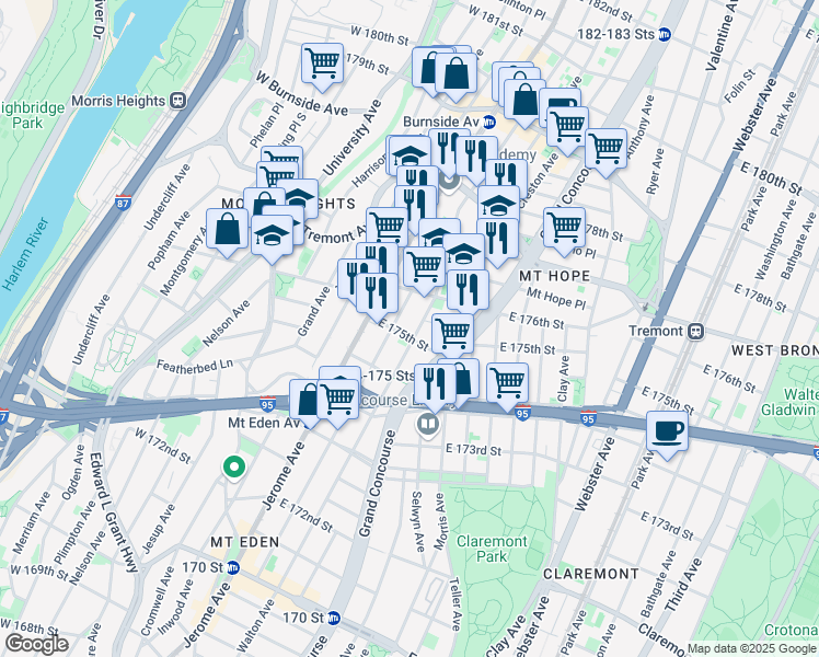map of restaurants, bars, coffee shops, grocery stores, and more near 67 East 175th Street in Bronx