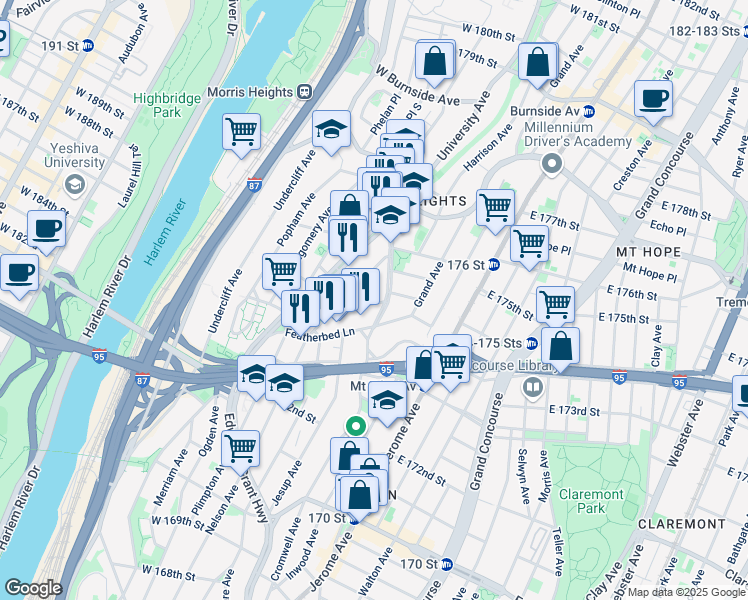map of restaurants, bars, coffee shops, grocery stores, and more near 71 West 174th Street in Bronx
