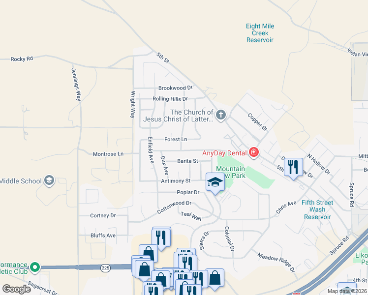 map of restaurants, bars, coffee shops, grocery stores, and more near 132 Forest Lane in Elko