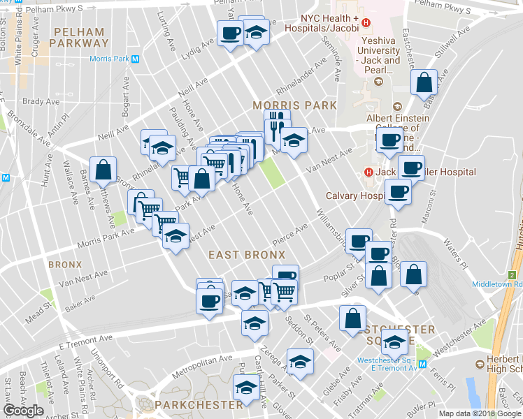 map of restaurants, bars, coffee shops, grocery stores, and more near 1659 Lurting Avenue in Bronx