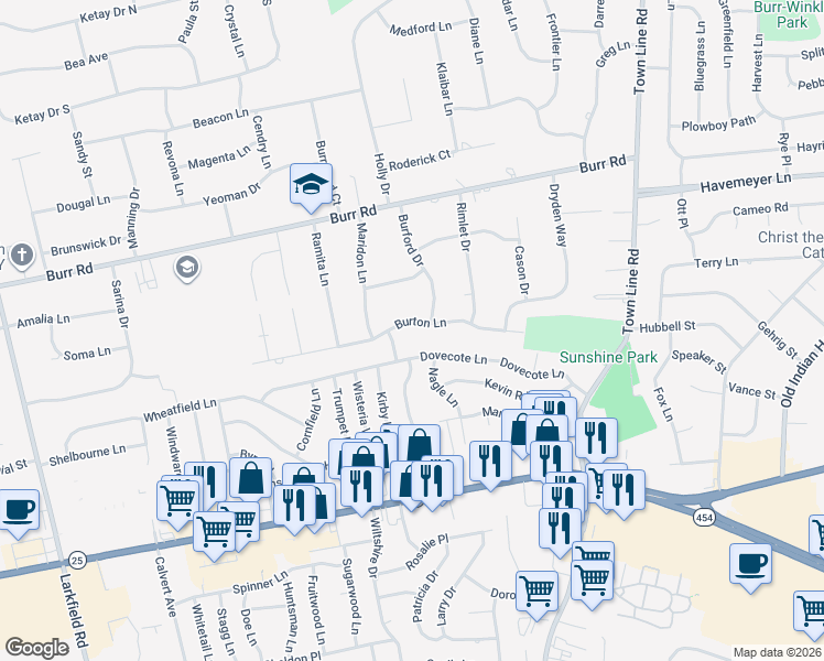 map of restaurants, bars, coffee shops, grocery stores, and more near 85 Burton Lane in Commack