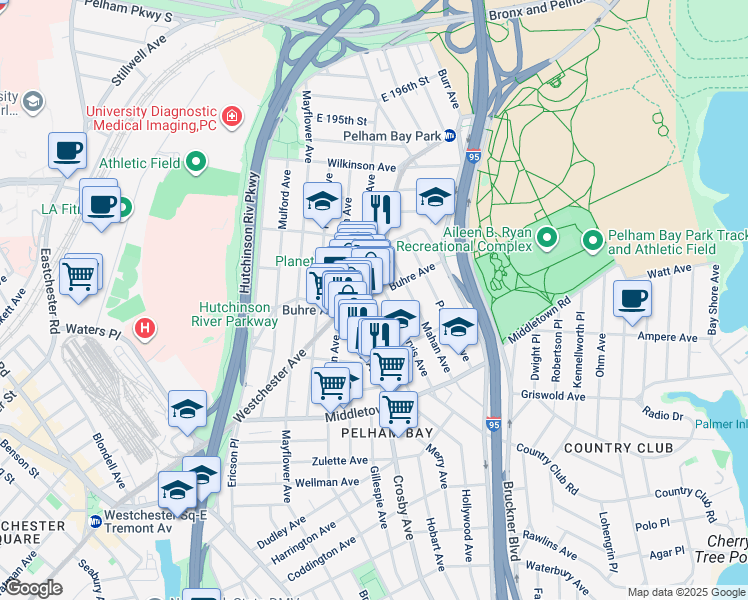 map of restaurants, bars, coffee shops, grocery stores, and more near 1827 Hobart Avenue in The Bronx