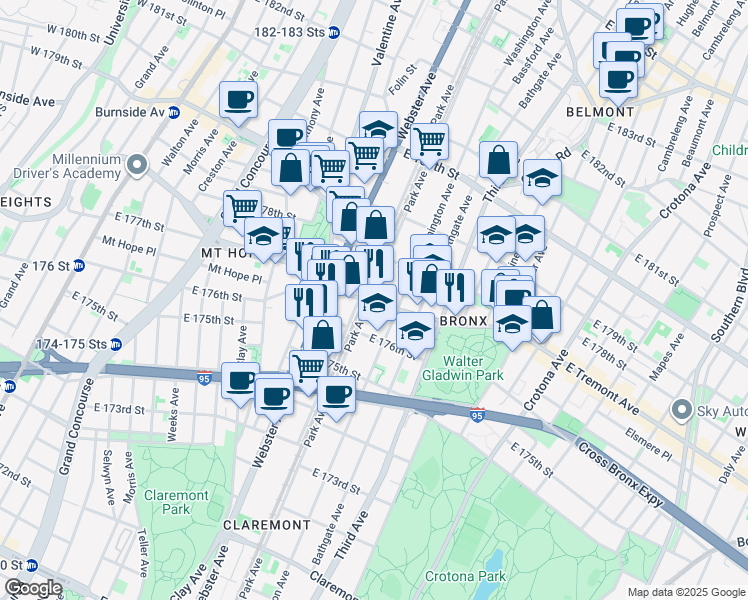 map of restaurants, bars, coffee shops, grocery stores, and more near in The Bronx