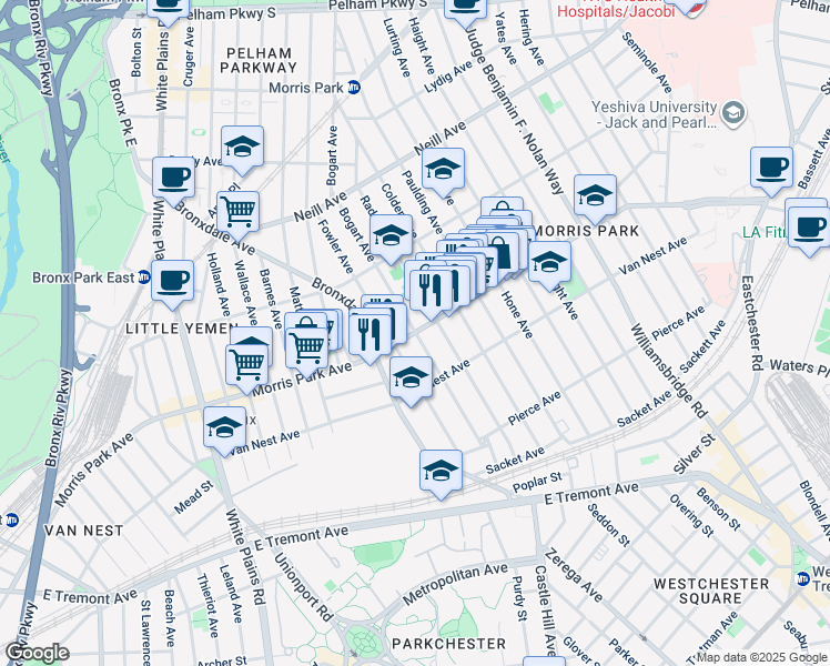 map of restaurants, bars, coffee shops, grocery stores, and more near Morris Park Avenue & Bogart Avenue in Bronx
