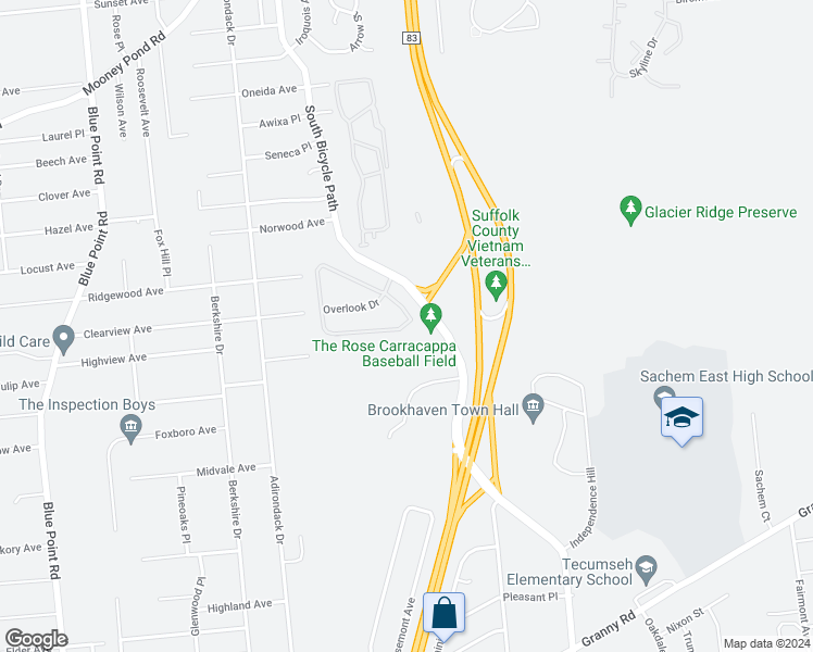 map of restaurants, bars, coffee shops, grocery stores, and more near 130 Overlook Drive in Farmingville