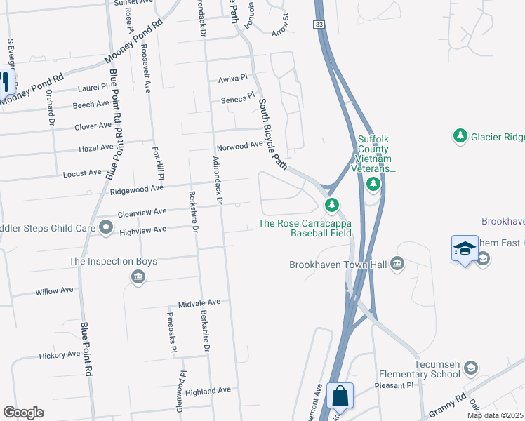 map of restaurants, bars, coffee shops, grocery stores, and more near 169 Overlook Drive in Farmingville