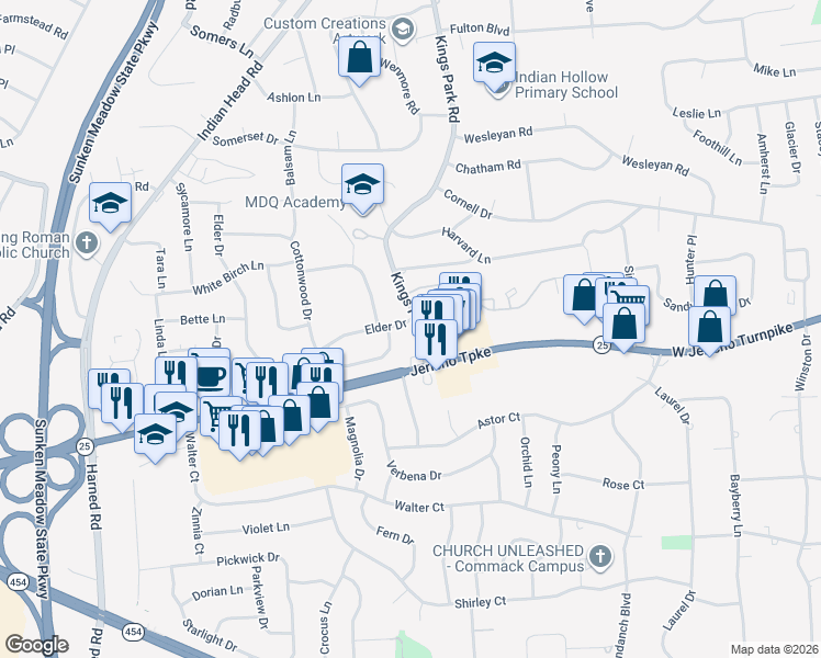 map of restaurants, bars, coffee shops, grocery stores, and more near 14 Kings Park Road in Commack