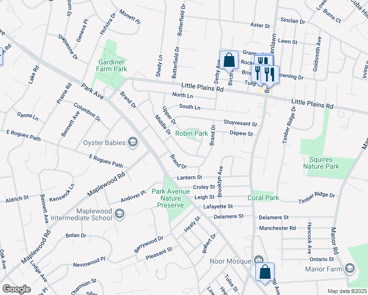 map of restaurants, bars, coffee shops, grocery stores, and more near 30 Middle Drive in Huntington
