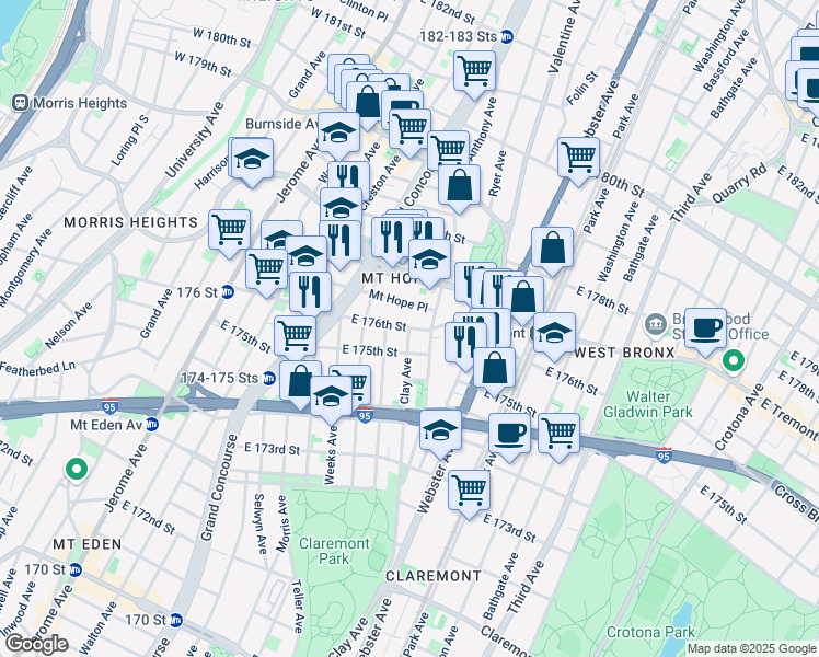 map of restaurants, bars, coffee shops, grocery stores, and more near 255 East 176th Street in Bronx