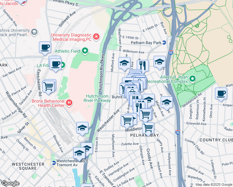 map of restaurants, bars, coffee shops, grocery stores, and more near Mayflower Avenue & Buhre Avenue in Bronx