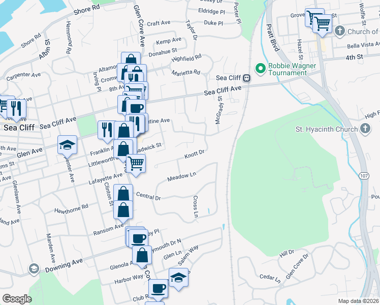 map of restaurants, bars, coffee shops, grocery stores, and more near 9 Alex Lane in Glen Cove