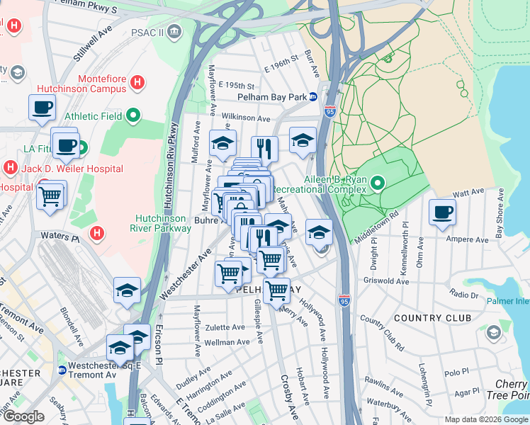 map of restaurants, bars, coffee shops, grocery stores, and more near 1803 Mahan Avenue in Bronx