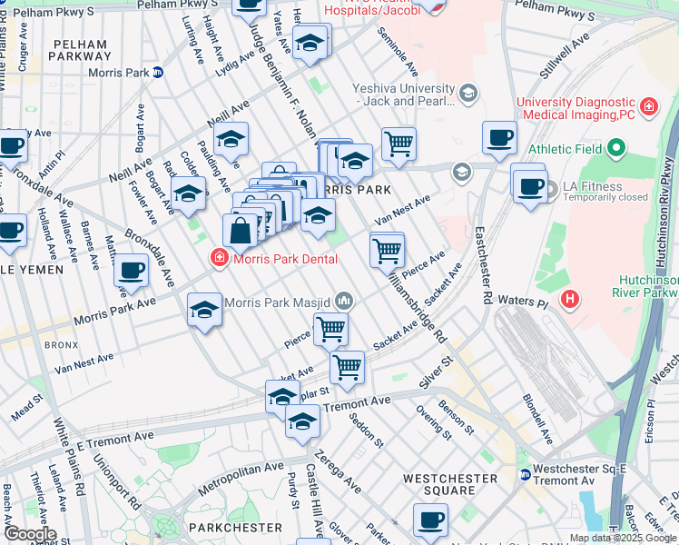 map of restaurants, bars, coffee shops, grocery stores, and more near 1651 Tomlinson Avenue in Bronx