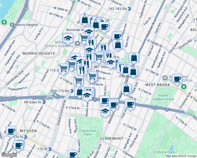 map of restaurants, bars, coffee shops, grocery stores, and more near in Bronx