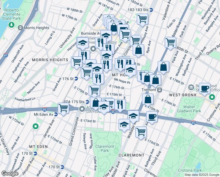 map of restaurants, bars, coffee shops, grocery stores, and more near in Bronx