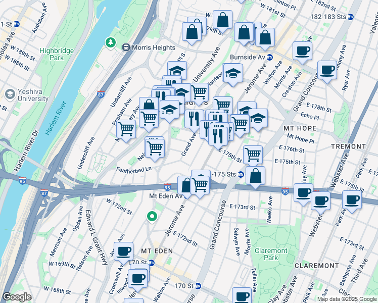map of restaurants, bars, coffee shops, grocery stores, and more near 1692 Grand Avenue in Bronx