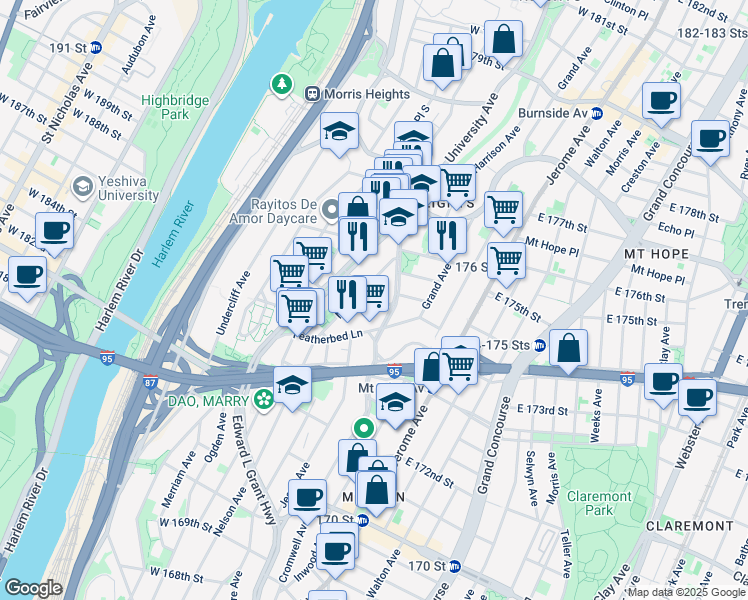 map of restaurants, bars, coffee shops, grocery stores, and more near 1696 Nelson Avenue in Bronx