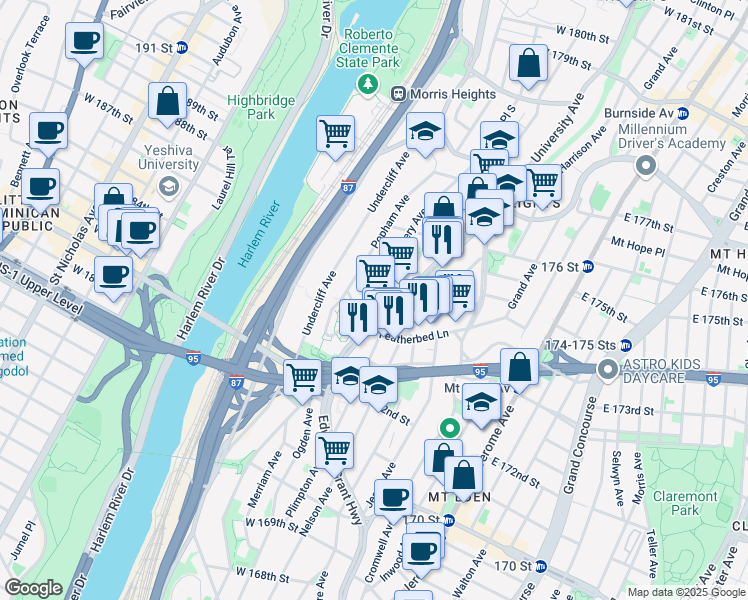 map of restaurants, bars, coffee shops, grocery stores, and more near 1500 Popham Avenue in Bronx