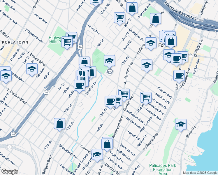 map of restaurants, bars, coffee shops, grocery stores, and more near 1436 12th Street in Fort Lee