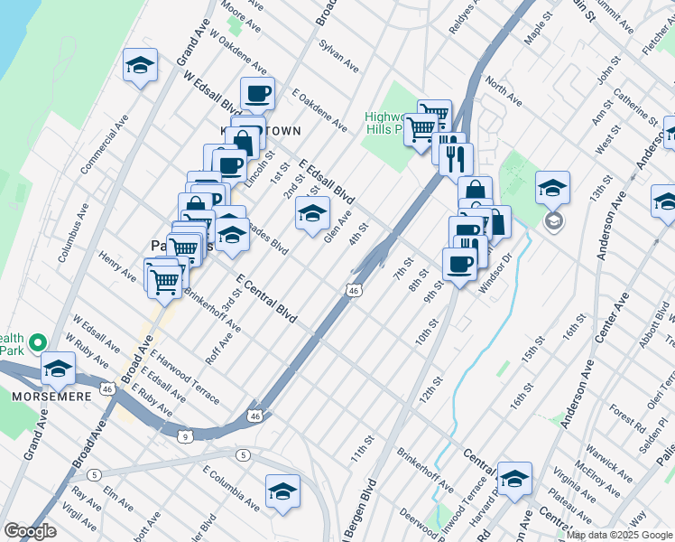 map of restaurants, bars, coffee shops, grocery stores, and more near 432 4th Street in Palisades Park