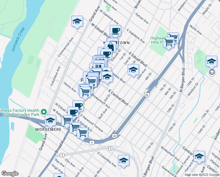 map of restaurants, bars, coffee shops, grocery stores, and more near 328 2nd Street in Palisades Park