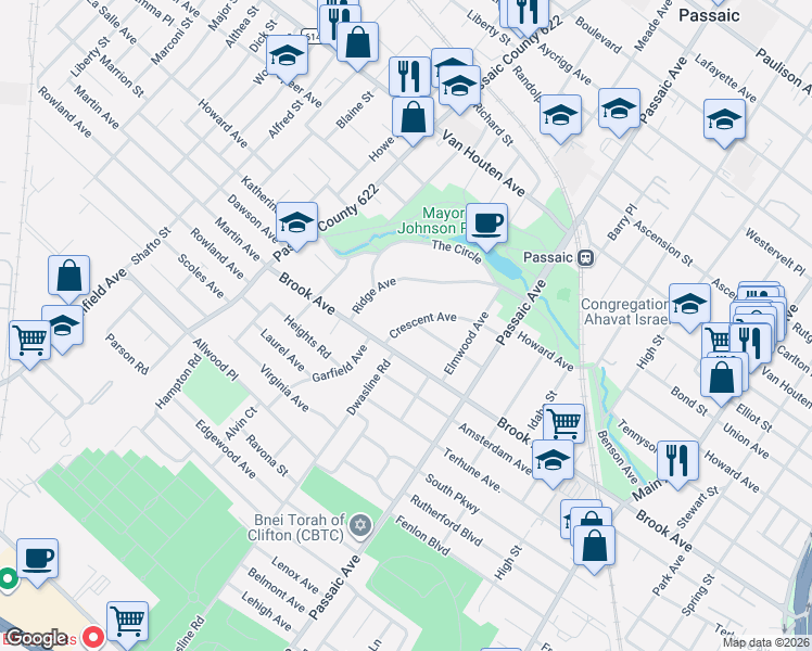 map of restaurants, bars, coffee shops, grocery stores, and more near 74 Crescent Avenue in Passaic