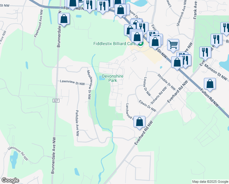 map of restaurants, bars, coffee shops, grocery stores, and more near 4643 South Boulevard Northwest in Canton