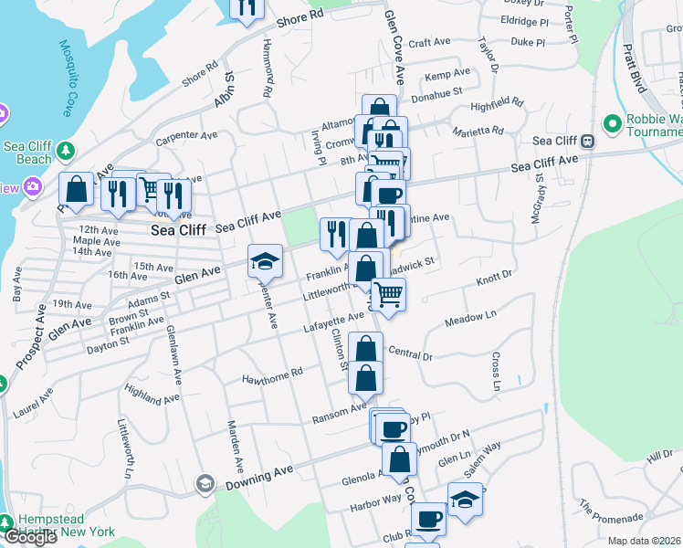 map of restaurants, bars, coffee shops, grocery stores, and more near 10 Franklin Avenue in Sea Cliff