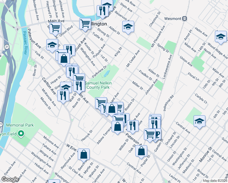 map of restaurants, bars, coffee shops, grocery stores, and more near 21 Geranium Place in Wallington