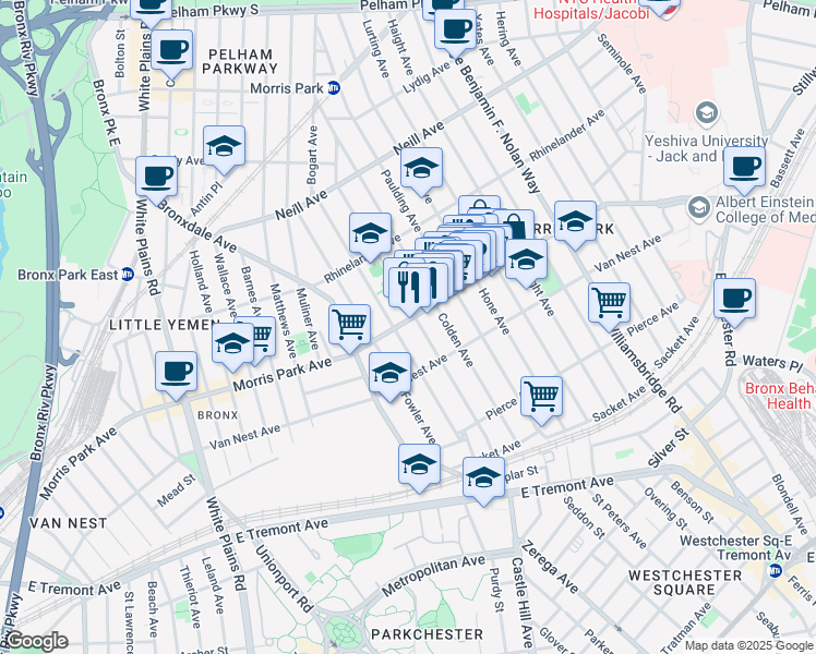 map of restaurants, bars, coffee shops, grocery stores, and more near 960 Morris Park Avenue in Bronx