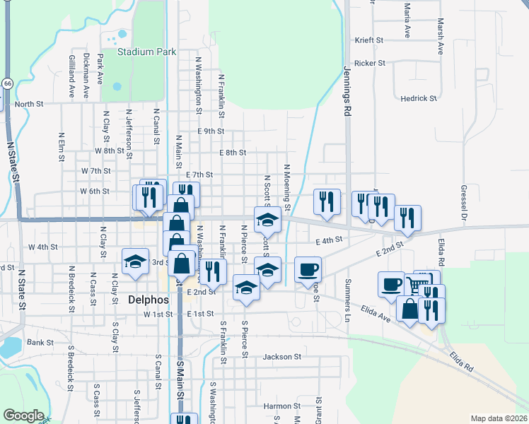 map of restaurants, bars, coffee shops, grocery stores, and more near 450 Lincoln Highway in Delphos