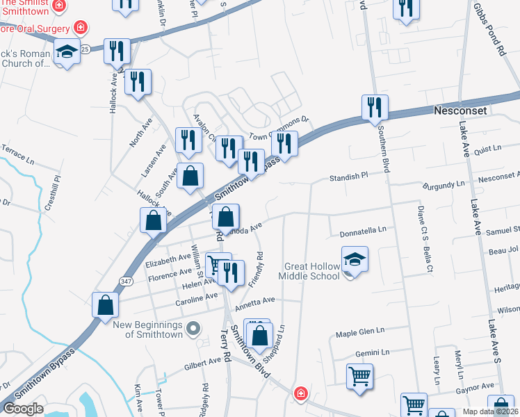 map of restaurants, bars, coffee shops, grocery stores, and more near 719 Smithtown Bypass in Smithtown