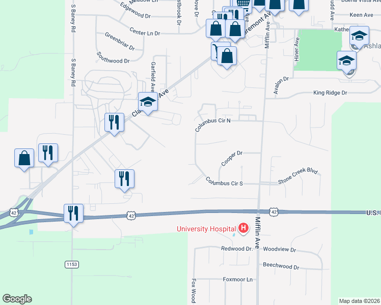 map of restaurants, bars, coffee shops, grocery stores, and more near 1256 Columbus Circle South in Ashland