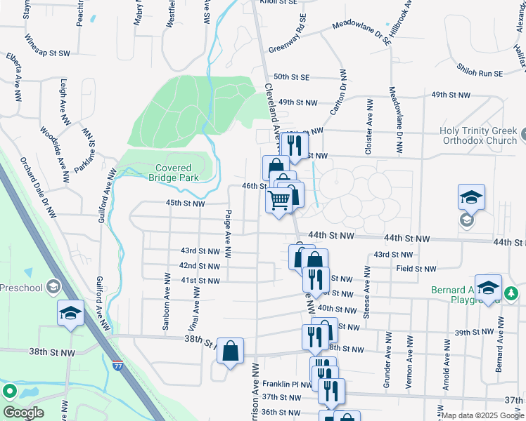 map of restaurants, bars, coffee shops, grocery stores, and more near 4509 Harrison Avenue Northwest in Canton
