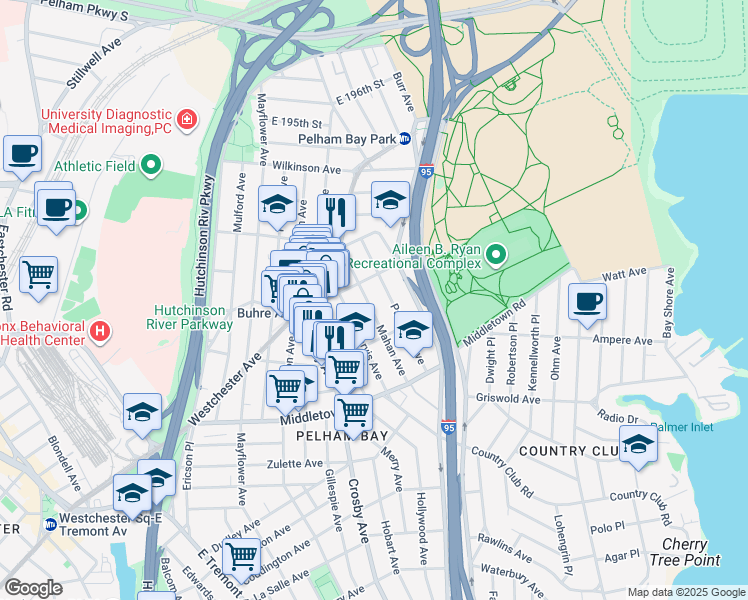 map of restaurants, bars, coffee shops, grocery stores, and more near 1750 Parkview Avenue in Bronx
