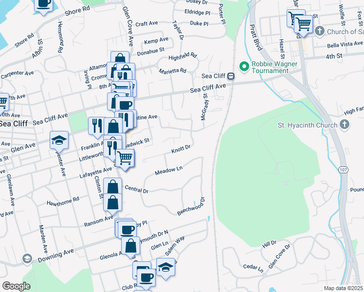 map of restaurants, bars, coffee shops, grocery stores, and more near 9 Alex Lane in Glen Cove