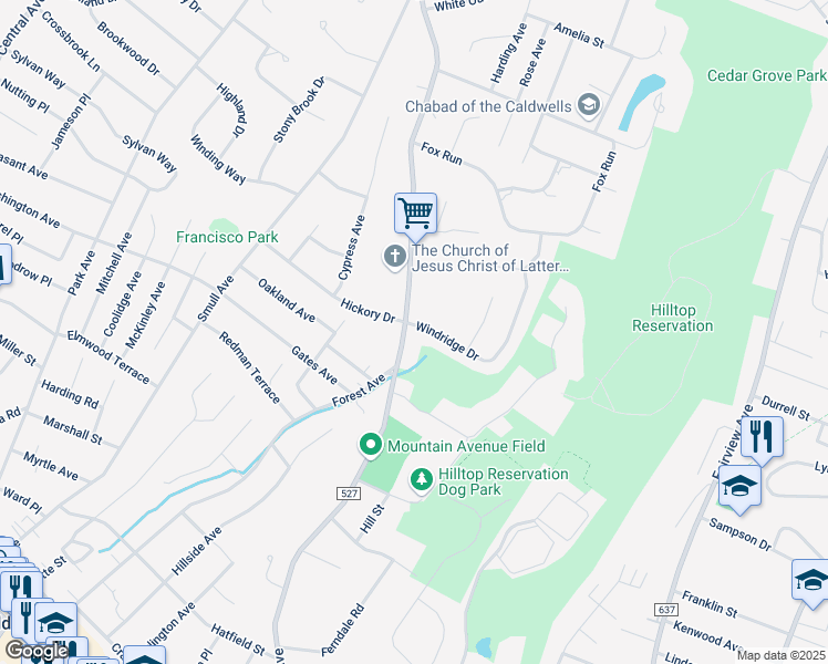map of restaurants, bars, coffee shops, grocery stores, and more near 196 Mountain Avenue in Caldwell