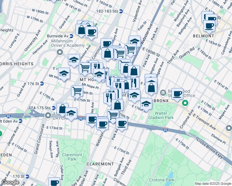 map of restaurants, bars, coffee shops, grocery stores, and more near 324 East Tremont Avenue in The Bronx