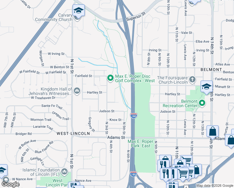 map of restaurants, bars, coffee shops, grocery stores, and more near 3620 North 4th Street Court in Lincoln