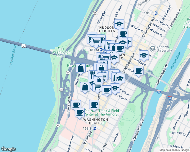 map of restaurants, bars, coffee shops, grocery stores, and more near 370 Fort Washington Avenue in New York
