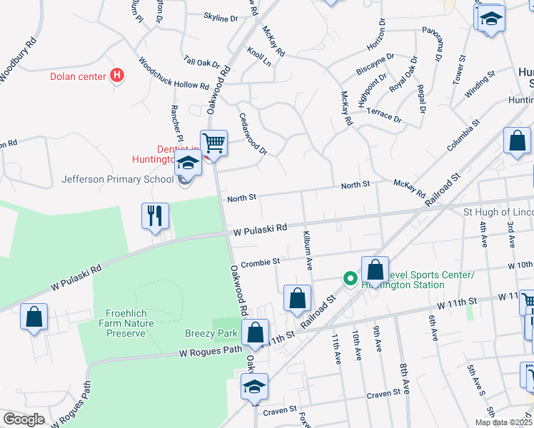 map of restaurants, bars, coffee shops, grocery stores, and more near 66 North Street in Huntington Station