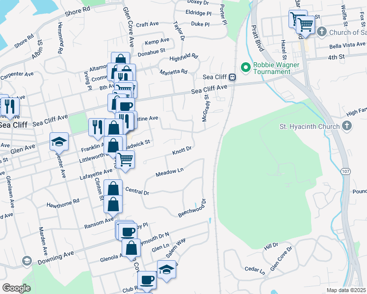 map of restaurants, bars, coffee shops, grocery stores, and more near 9 Alex Lane in Glen Cove