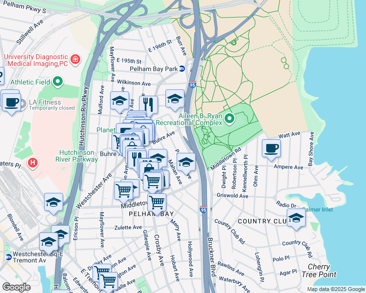 map of restaurants, bars, coffee shops, grocery stores, and more near 3533 Bruckner Boulevard in Bronx