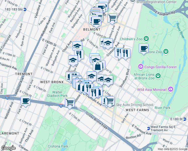 map of restaurants, bars, coffee shops, grocery stores, and more near 703 East 180th Street in Bronx